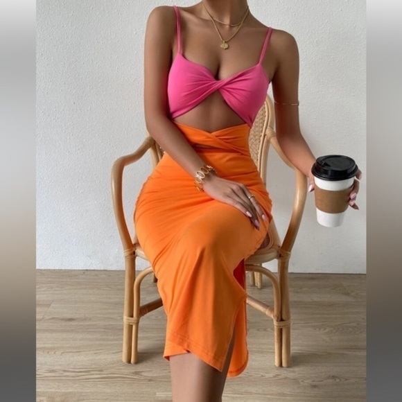 Pink and Orange Color Block cut out midi dress Size Medium - Picture 2 of 10